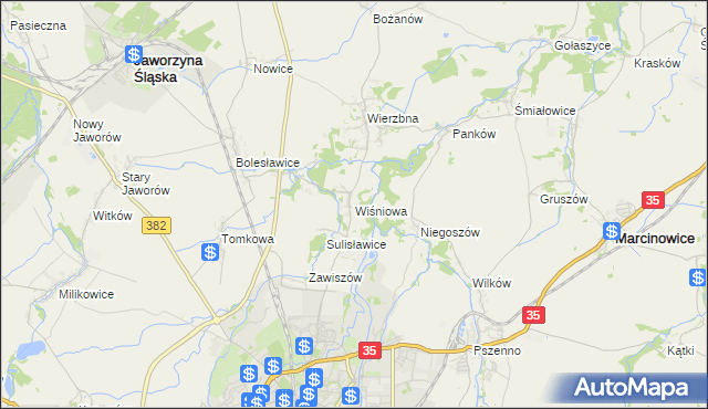 mapa Wiśniowa gmina Świdnica, Wiśniowa gmina Świdnica na mapie Targeo