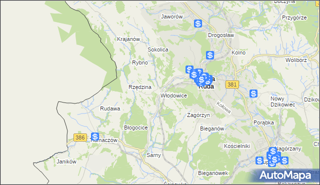 mapa Włodowice gmina Nowa Ruda, Włodowice gmina Nowa Ruda na mapie Targeo