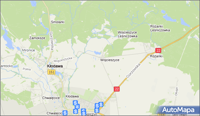 mapa Wojcieszyce gmina Kłodawa, Wojcieszyce gmina Kłodawa na mapie Targeo