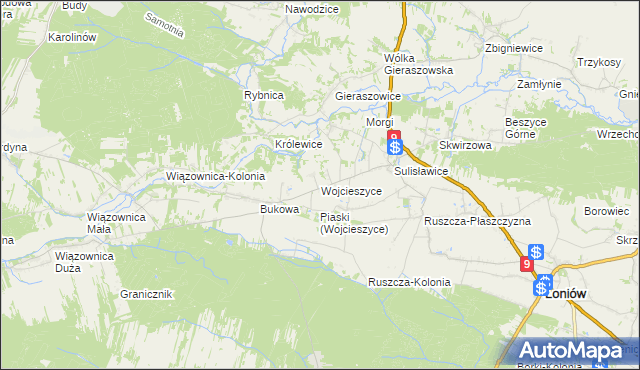 mapa Wojcieszyce gmina Łoniów, Wojcieszyce gmina Łoniów na mapie Targeo