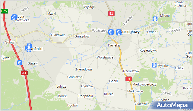 mapa Wojsławice gmina Koziegłowy, Wojsławice gmina Koziegłowy na mapie Targeo