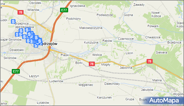 mapa Wolica gmina Jędrzejów, Wolica gmina Jędrzejów na mapie Targeo
