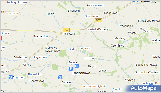 mapa Woźniki gmina Radzanowo, Woźniki gmina Radzanowo na mapie Targeo