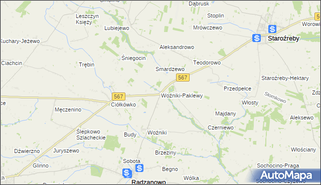 mapa Woźniki-Paklewy, Woźniki-Paklewy na mapie Targeo