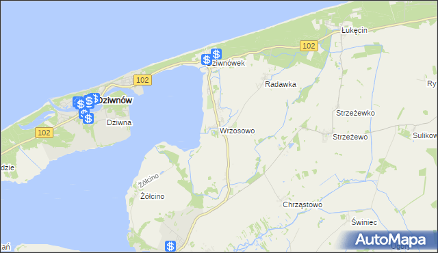 mapa Wrzosowo gmina Kamień Pomorski, Wrzosowo gmina Kamień Pomorski na mapie Targeo