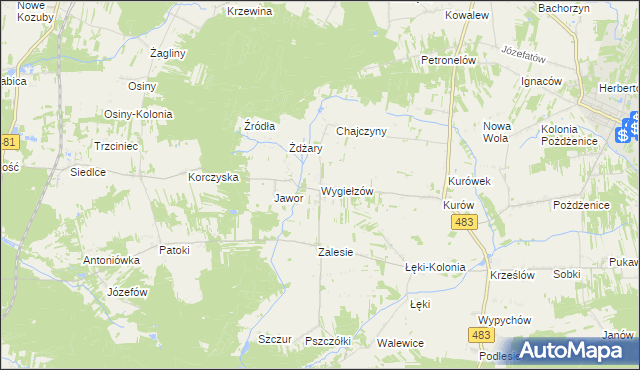 mapa Wygiełzów gmina Zelów, Wygiełzów gmina Zelów na mapie Targeo