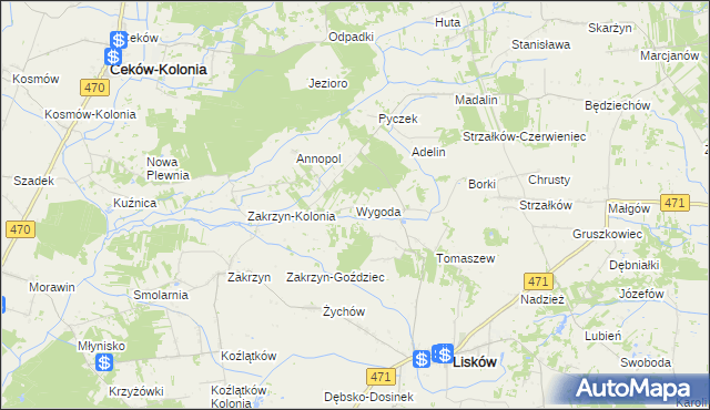 mapa Wygoda gmina Lisków, Wygoda gmina Lisków na mapie Targeo