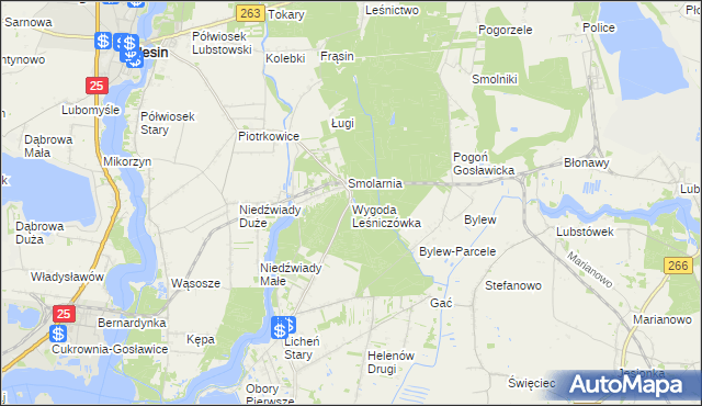 mapa Wygoda Leśniczówka gmina Ślesin, Wygoda Leśniczówka gmina Ślesin na mapie Targeo