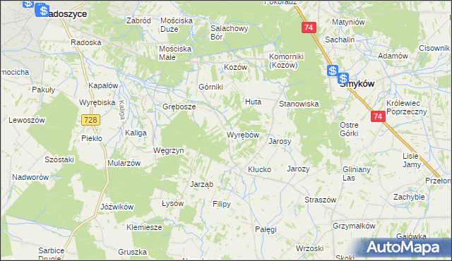 mapa Wyrębów gmina Radoszyce, Wyrębów gmina Radoszyce na mapie Targeo