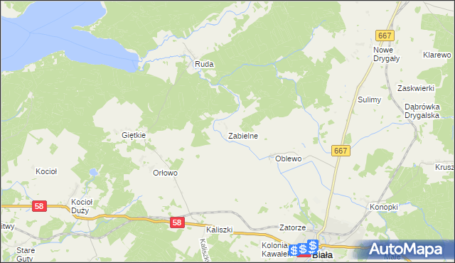 mapa Zabielne gmina Biała Piska, Zabielne gmina Biała Piska na mapie Targeo