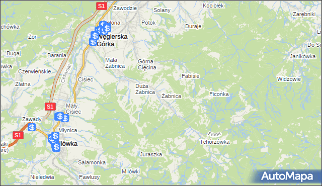 mapa Żabnica gmina Węgierska Górka, Żabnica gmina Węgierska Górka na mapie Targeo