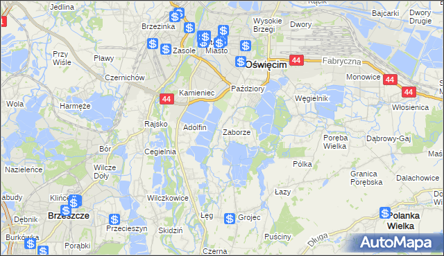 mapa Zaborze gmina Oświęcim, Zaborze gmina Oświęcim na mapie Targeo