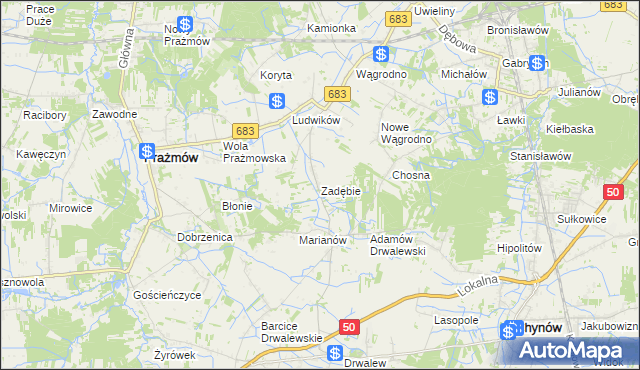 mapa Zadębie gmina Prażmów, Zadębie gmina Prażmów na mapie Targeo