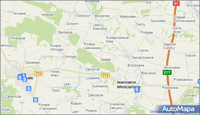 mapa Zagaje gmina Iwanowice, Zagaje gmina Iwanowice na mapie Targeo