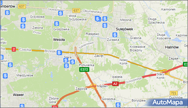 mapa Zakręt gmina Wiązowna, Zakręt gmina Wiązowna na mapie Targeo