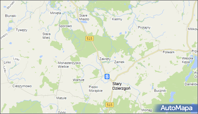 mapa Zakręty gmina Stary Dzierzgoń, Zakręty gmina Stary Dzierzgoń na mapie Targeo