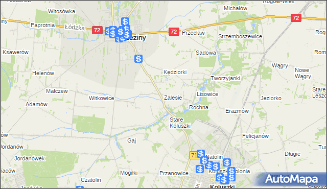 mapa Zalesie gmina Brzeziny, Zalesie gmina Brzeziny na mapie Targeo