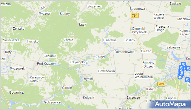 mapa Załęże gmina Wolbrom, Załęże gmina Wolbrom na mapie Targeo