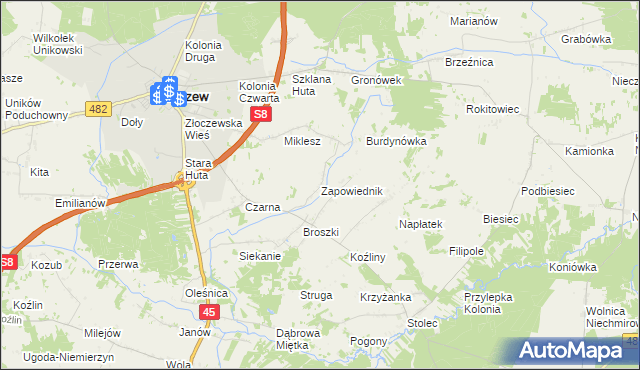 mapa Zapowiednik gmina Złoczew, Zapowiednik gmina Złoczew na mapie Targeo