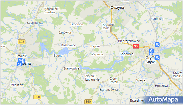 mapa Zapusta gmina Olszyna, Zapusta gmina Olszyna na mapie Targeo