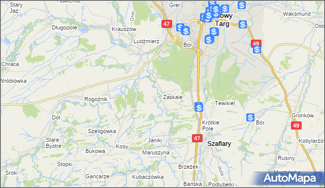 mapa Zaskale gmina Szaflary, Zaskale gmina Szaflary na mapie Targeo