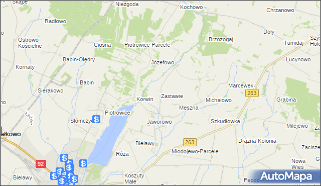 mapa Zastawie gmina Słupca, Zastawie gmina Słupca na mapie Targeo