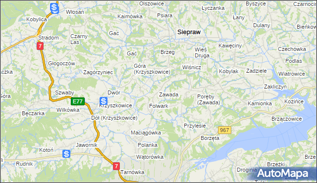 mapa Zawada gmina Myślenice, Zawada gmina Myślenice na mapie Targeo