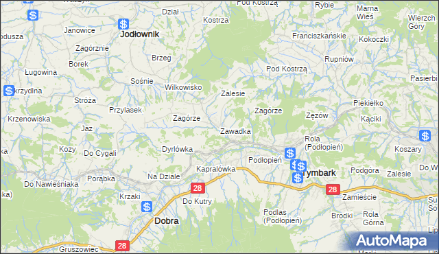 mapa Zawadka gmina Tymbark, Zawadka gmina Tymbark na mapie Targeo
