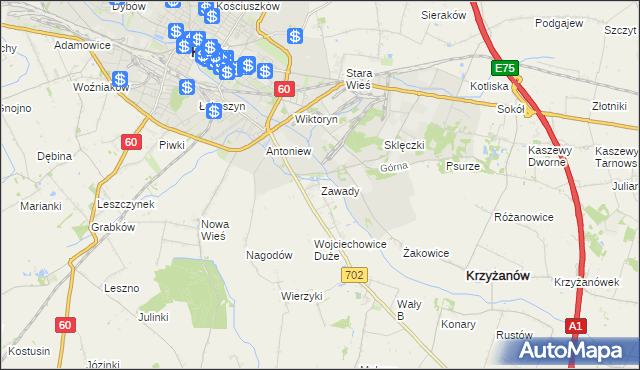 mapa Zawady gmina Krzyżanów, Zawady gmina Krzyżanów na mapie Targeo
