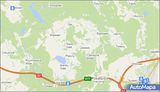 mapa Zawady gmina Olsztynek, Zawady gmina Olsztynek na mapie Targeo