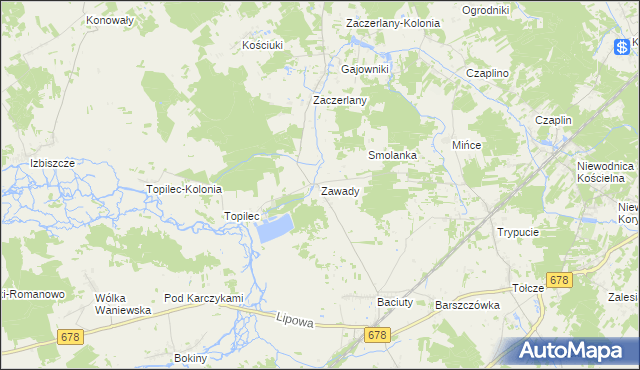 mapa Zawady gmina Turośń Kościelna, Zawady gmina Turośń Kościelna na mapie Targeo