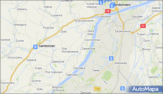 mapa Zawierzbie gmina Samborzec, Zawierzbie gmina Samborzec na mapie Targeo
