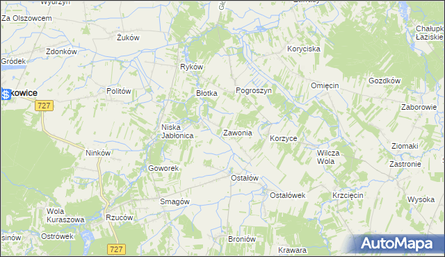 mapa Zawonia gmina Chlewiska, Zawonia gmina Chlewiska na mapie Targeo