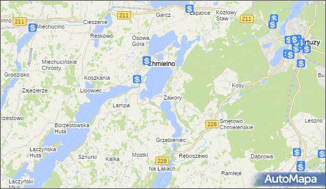 mapa Zawory gmina Chmielno, Zawory gmina Chmielno na mapie Targeo