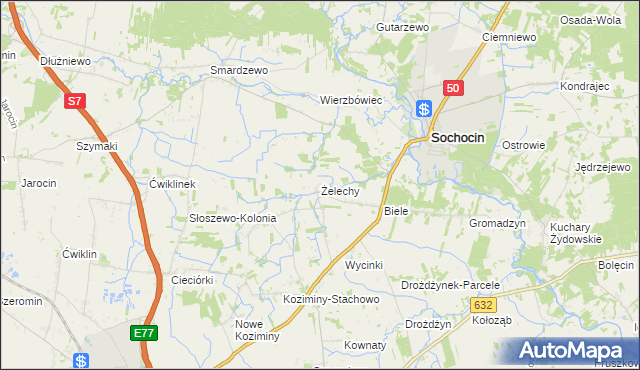 mapa Żelechy gmina Sochocin, Żelechy gmina Sochocin na mapie Targeo