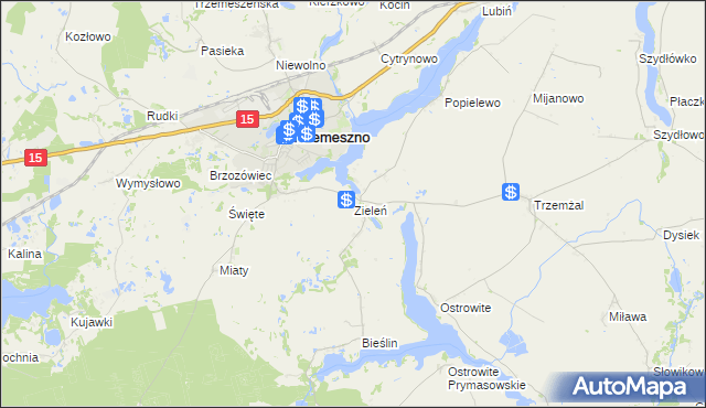 mapa Zieleń gmina Trzemeszno, Zieleń gmina Trzemeszno na mapie Targeo