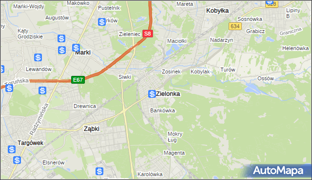 mapa Zielonka powiat wołomiński, Zielonka powiat wołomiński na mapie Targeo