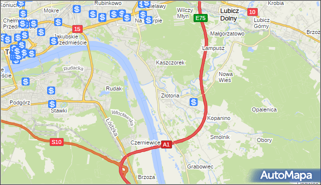 mapa Złotoria gmina Lubicz, Złotoria gmina Lubicz na mapie Targeo