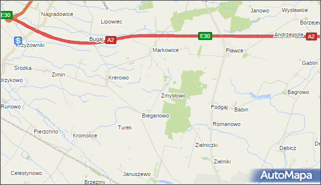 mapa Zmysłowo gmina Środa Wielkopolska, Zmysłowo gmina Środa Wielkopolska na mapie Targeo