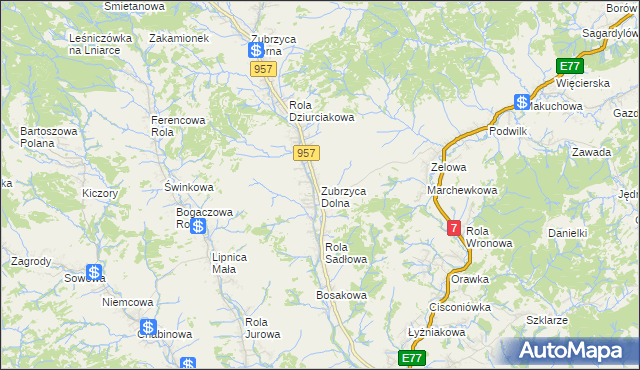mapa Zubrzyca Dolna, Zubrzyca Dolna na mapie Targeo