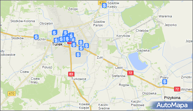 mapa Żuki gmina Turek, Żuki gmina Turek na mapie Targeo