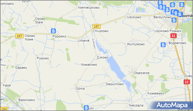 mapa Żukowo gmina Oborniki, Żukowo gmina Oborniki na mapie Targeo