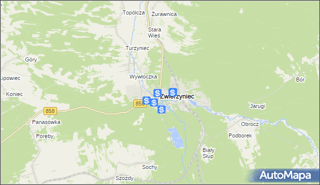 mapa Zwierzyniec powiat zamojski, Zwierzyniec powiat zamojski na mapie Targeo