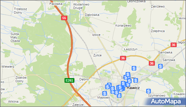 mapa Żylice gmina Rawicz, Żylice gmina Rawicz na mapie Targeo