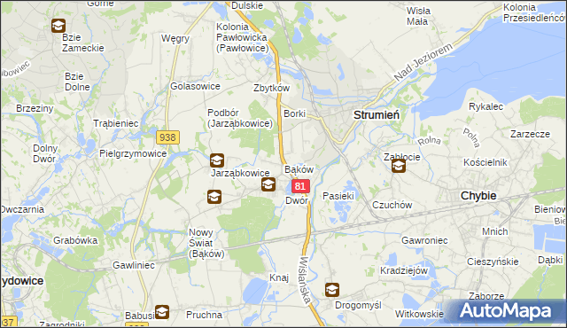 mapa Bąków gmina Strumień, Bąków gmina Strumień na mapie Targeo