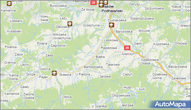 mapa Białka gmina Maków Podhalański, Białka gmina Maków Podhalański na mapie Targeo