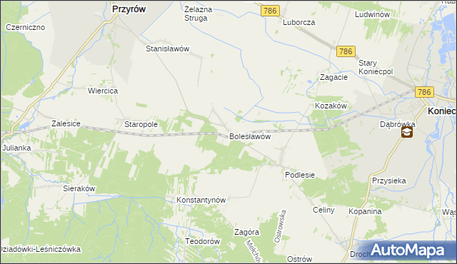 mapa Bolesławów gmina Przyrów, Bolesławów gmina Przyrów na mapie Targeo
