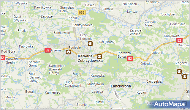 mapa Brody gmina Kalwaria Zebrzydowska, Brody gmina Kalwaria Zebrzydowska na mapie Targeo