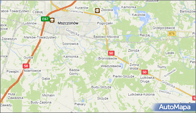 mapa Bronisławów gmina Mszczonów, Bronisławów gmina Mszczonów na mapie Targeo
