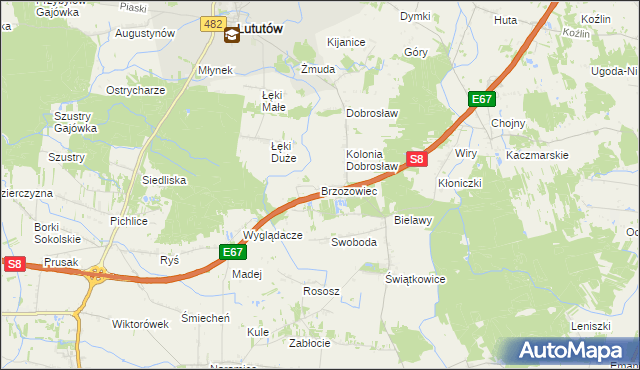 mapa Brzozowiec gmina Lututów, Brzozowiec gmina Lututów na mapie Targeo
